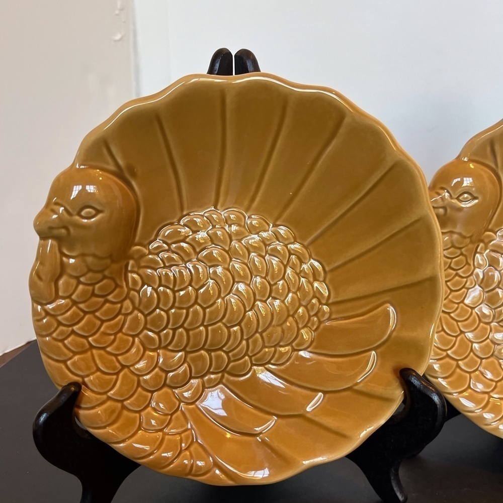 Pottery Barn Gold colored Embossed Turkey Plates Set of 3 - Picture 2 of 8
